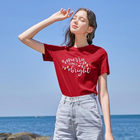 Christmas Shirt Merry and Bright Christmas Lights T-Shirts Women Xmas Lights Graphic Shirts Merry Christmas Holiday Top in Kuwait
