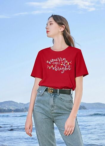 Christmas Shirt Merry and Bright Christmas Lights T-Shirts Women Xmas Lights Graphic Shirts Merry Christmas Holiday Top in Kuwait