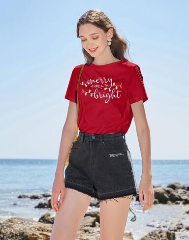 Christmas Shirt Merry and Bright Christmas Lights T-Shirts Women Xmas Lights Graphic Shirts Merry Christmas Holiday Top in Kuwait