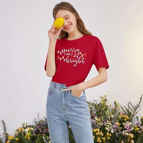 Christmas Shirt Merry and Bright Christmas Lights T-Shirts Women Xmas Lights Graphic Shirts Merry Christmas Holiday Top in Kuwait