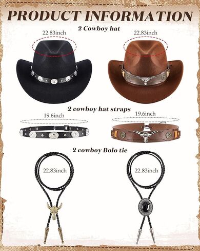 Ramede 6 قطع من إكسسوارات رعاة البقر الغربية للرجال تتضمن قبعات رعاة البقر ذات حافة واسعة وربطات عنق جلدية وأحزمة إبزيم جلدية للنساء والرجال أزياء الهالوين الغربية in Kuwait