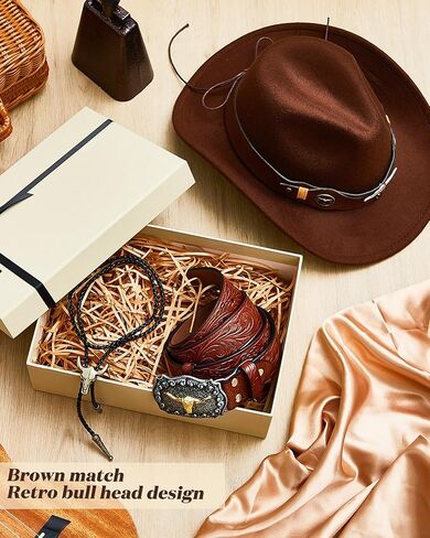 Ramede 6 قطع من إكسسوارات رعاة البقر الغربية للرجال تتضمن قبعات رعاة البقر ذات حافة واسعة وربطات عنق جلدية وأحزمة إبزيم جلدية للنساء والرجال أزياء الهالوين الغربية in Kuwait