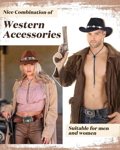 Ramede 6 قطع من إكسسوارات رعاة البقر الغربية للرجال تتضمن قبعات رعاة البقر ذات حافة واسعة وربطات عنق جلدية وأحزمة إبزيم جلدية للنساء والرجال أزياء الهالوين الغربية in Kuwait