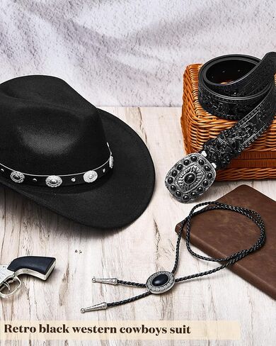 Ramede 6 قطع من إكسسوارات رعاة البقر الغربية للرجال تتضمن قبعات رعاة البقر ذات حافة واسعة وربطات عنق جلدية وأحزمة إبزيم جلدية للنساء والرجال أزياء الهالوين الغربية in Kuwait