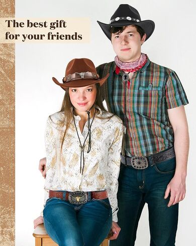 Ramede 6 قطع من إكسسوارات رعاة البقر الغربية للرجال تتضمن قبعات رعاة البقر ذات حافة واسعة وربطات عنق جلدية وأحزمة إبزيم جلدية للنساء والرجال أزياء الهالوين الغربية in Kuwait