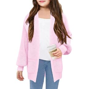 Girls Cardigan Long Sleeve Cardigans Oversized Open Front Lantern Sleeve Knit Sweater with Pockets for Kids