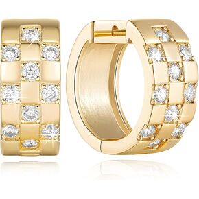 Gold Hoop Earrings 14K Gold Earrings Small Hoop Earrings in Checkerboard Design Radiant Diamond Hoop Earrings with Cubic Zirconia 18mm