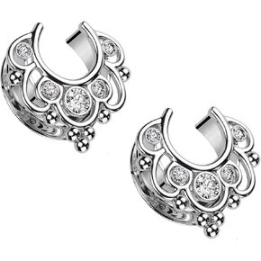 Pierced Owl 316L Stainless Steel CZ Crystal Floral Filigree Saddle Tunnels, Sold as a Pair