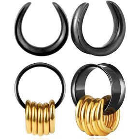 2 Pairs Plugs Tunnels with 10pcs Stacked Rings Stainless Steel Ear Gauges, Size 2g - 1 inch Hypoallergenic Surgical Steel Ear Stretcher Expander Body Jewelry