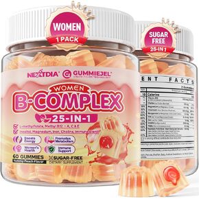Vitamin B Complex Gummies for Women Sugar Free, Super Methylated B Complex w/ Methyl B12, L-methylfolate, Iron, Vitamin C, Inositol, Magnesium, Choline, Biotin, B2 B3 B5 B6, Orgainc Fruit Blend, 60Cts
