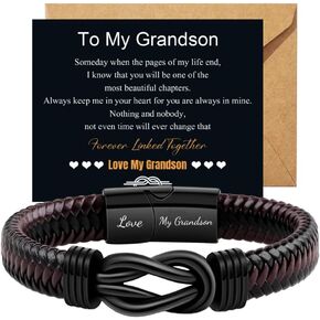 YUZHEJIE Forever Linked Together Braided Leather Bracelet Stainless Steel Infinity Knot Bracelets with Greeting Cards Lettering Love You Forever Birthday Christmas Gifts for Man Son Husband Boyfriend Dad Grandson