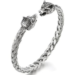 COOLSTEELANDBEYOND Mens Wolf Head Bracelet Steel Braided Cable Bangle Cuff Bracelet Polished, Adjustable
