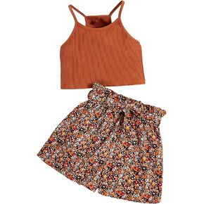 Verdusa Girl's Casual Halter Top and Paperbag Waist Short Sets Floral Print Summer 2 piece Outfits