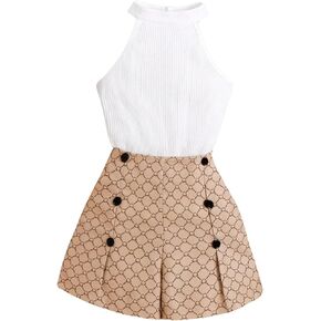 Floerns Girl's Two Piece Outfit Rib Knit Halter Top Allover Print Shorts Set