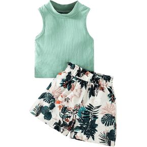 Girl's 2 Piece Outfits Ribbed Knit Mock Neck Sleeveless Tank Top and Tropical Print Shorts Set