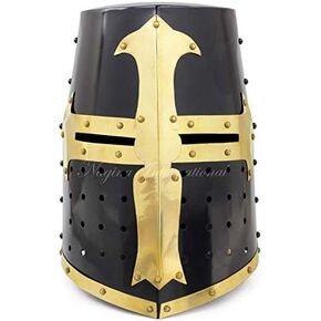 Medieval Knight Crusader Templar Helmet Black Mason Brass Cross With Liner | Halloween Party Costume Face Mask Helmets | LARP Black Armor Steel Helmets | Collectible Gifts Ideas | Adult Wearable