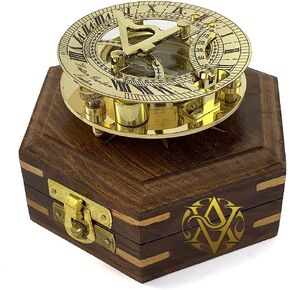Brass Compass Sundial, Nautical Sun Clock in Wood Box, Desktop Decor, Educational Gift for Son, Baptism Religious Gift Idea, 4 inches