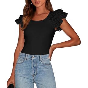 PRETTYGARDEN Women's Ruffle Short Sleeve Shirts 2025 Summer Casual Basic Tee Cute Fitted Crew Neck Fashion Tops Clothes