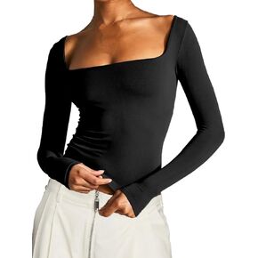 Long Sleeve T Shirt Women - Square Neck Going Out Tops Double Lined Tight Shirt Y2K Crop Top Slim Fit