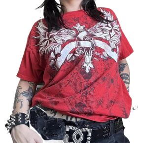 Grunge Graphic Tees for Women Y2k Vintage Gothic T Shirt Teen Girls Aesthetic Emo Baggy Tops 2000s Alternative Clothes