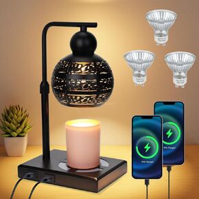 New Candle Warmer Lamp with USB & Type-C Ports, Height Adjustable Candle Lamp with 3 Bulbs, Timer and Dimmer Controls, Wax Melts Warmer for Scented Waxes, House Decor and House Warming Gifts New Home