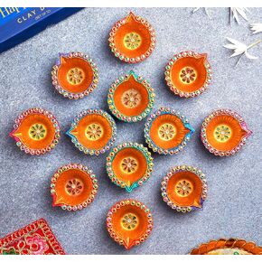 IndoTribe 12Pc Diwali Diyas For Decoration Diwali Decorations For Home Diwali Lights Diwali Decor Diwali Diya Diwali Candle Diwali Gifts For Friends Clay Diya For Diwali Tea Lights Candles Diwali Diya