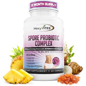 Spore Probiotic Complex - All In One Prebiotics and Probiotics for Digestive Health, Postbiotic, Digestive Enzymes Daily Supplement - Spore Based Probiotic for Women & Men