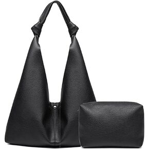 Slouchy Hobo Bag for Women Vegan Leather Shoulder Bag Knotted Hobo Purse Ladies Top Handle Handbag, with Small Purse