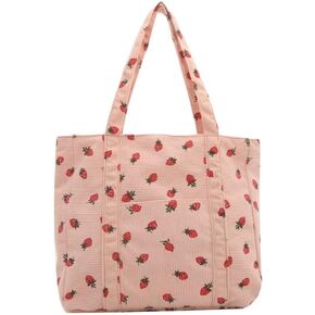 Women Corduroy Tote Bag,Corduroy Strawberry Print Tote Bag,With Zipper Hobo Bags Handbags Big Capacity Shopping Bag