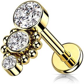 Pierced Owl 16GA 316L Stainless Steel Triple Round CZ Crystal Dropdown with Ball Clusters Internally Threaded Flat Back Stud (Gold Tone)