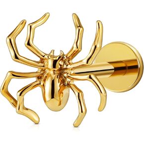 FINE4U Gold Spider Flat back Stud for Conch Helix Tragus Flat 16G 6mm 8mm - ASTM F136 Titanium Cartilage Earring Piercing Jewelry