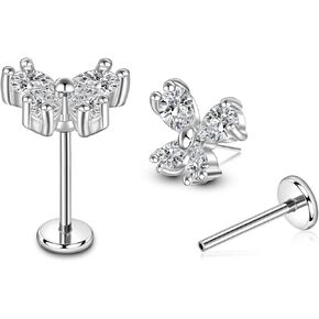 Lantine Cz Threadless Flat Back Stud Earrings Implant Grade Titanium Push in Nose Rings Studs Lip Labret Medusa Monroe Helix Daith Cartilage Tragus Lobe Piercing Jewelry