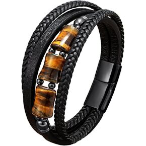 Men Leather Cuff Bracelet Natural Tiger-eye Gemtone Beads Bracelets Braided Wristband
