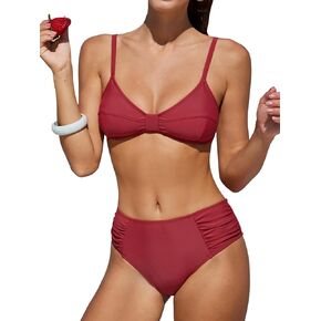 CUPSHE Women's Bikini Sets Two Piece Swimsuit V Neck Ruched Mid Rise Back Hook Spaghetti Adjustable Straps