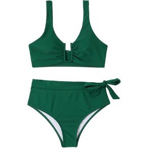 Solid Bathing Suit for Women Two Piece Bikini Sets Ribbed Sexy T Back Bottom Triangle Top with Elastic Straps