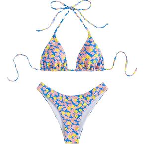 OLY HUX Women's Floral Print Halter Triangle Tie Side Bikini Bathing Suits 2 Piece Swimsuits