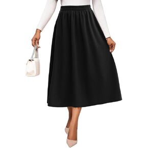 Women's Trendy Elastic High Waisted Casual Work Flowy Swing A Line Fall Midi Skirts with Pockets