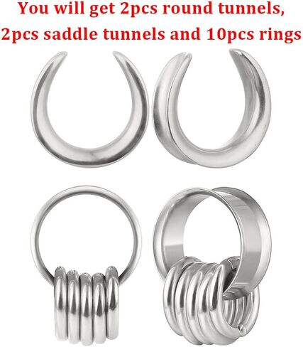 2 Pairs Plugs Tunnels with 10pcs Stacked Rings Stainless Steel Ear Gauges, Size 2g - 1 inch Hypoallergenic Surgical Steel Ear Stretcher Expander Body Jewelry in Kuwait