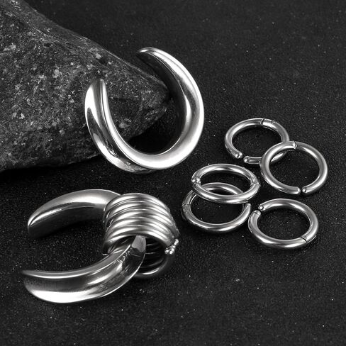 2 Pairs Plugs Tunnels with 10pcs Stacked Rings Stainless Steel Ear Gauges, Size 2g - 1 inch Hypoallergenic Surgical Steel Ear Stretcher Expander Body Jewelry in Kuwait