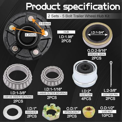 5 Lug Trailer Wheel Hub Kit,3500 LB-5 X 4.5 Trailer Axle Kit with(L68149 and L44649 Cone Bearings),Fits 1-1/16'' to 1-3/8" Trailer Axles 3500lb #84 Spindle for Rvs in Saudi Arabia
