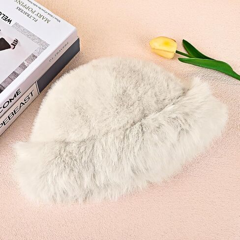 Faux Fur Plush Bucket Hat, Winter Soft Cute Fuzzy Fisherman Cap, Fashion Outdoor Thick Warm Hats for Women in Kuwait