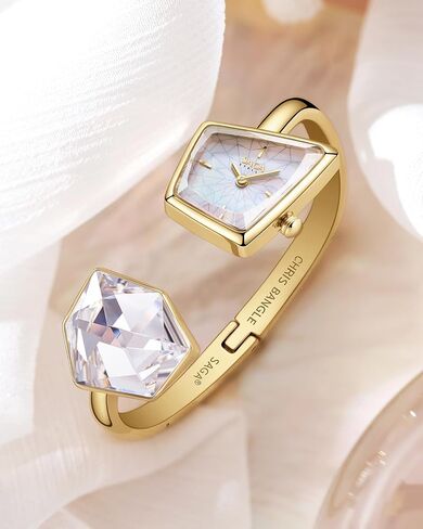 SAGA Illusion Women's Luxury Cuff Bangle Watch, Shaped Mineral Case, Swiss Ronda Quartz Movement, 30M Water Resistant, 316L Stainless Steel Bracelet with Danube Crystals in Kuwait