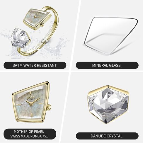 SAGA Illusion Women's Luxury Cuff Bangle Watch, Shaped Mineral Case, Swiss Ronda Quartz Movement, 30M Water Resistant, 316L Stainless Steel Bracelet with Danube Crystals in Kuwait