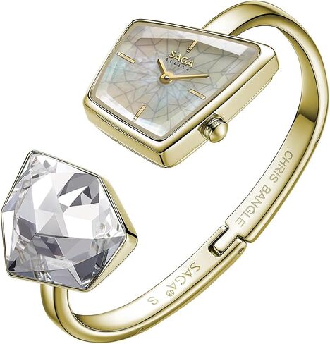 SAGA Illusion Women's Luxury Cuff Bangle Watch, Shaped Mineral Case, Swiss Ronda Quartz Movement, 30M Water Resistant, 316L Stainless Steel Bracelet with Danube Crystals in Kuwait