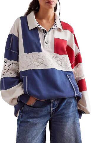 D-Sun Women Oversized Sweatshirt Color Block Long Sleeve Polo Shirt Casual V-Neck Stripe Patchwork Lace Pullover Top Pocket in Saudi Arabia