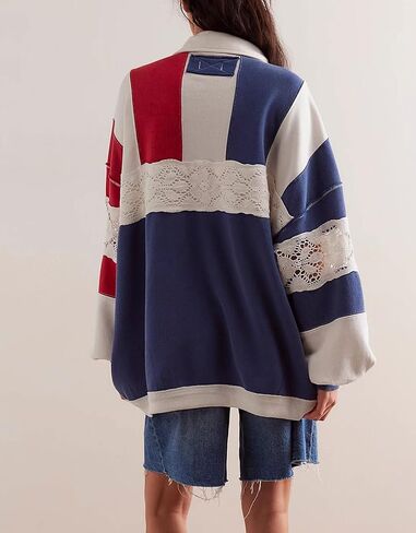 D-Sun Women Oversized Sweatshirt Color Block Long Sleeve Polo Shirt Casual V-Neck Stripe Patchwork Lace Pullover Top Pocket in Saudi Arabia