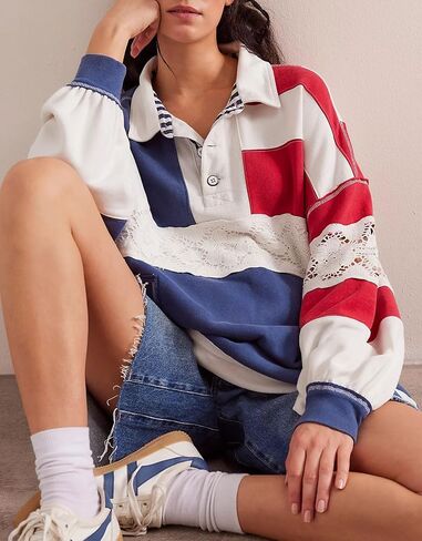 D-Sun Women Oversized Sweatshirt Color Block Long Sleeve Polo Shirt Casual V-Neck Stripe Patchwork Lace Pullover Top Pocket in Saudi Arabia