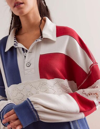 D-Sun Women Oversized Sweatshirt Color Block Long Sleeve Polo Shirt Casual V-Neck Stripe Patchwork Lace Pullover Top Pocket in Saudi Arabia