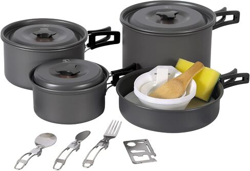 REDCAMP 14 PCS Camping Cookware Mess Kit Camping Gear Campfire Utensils Lightweight Stackable Pot Pan Bowls Soup Spoon with Storage Bag for Camping, Backpacking, Outdoor Cooking and Picnic, Orange in Kuwait