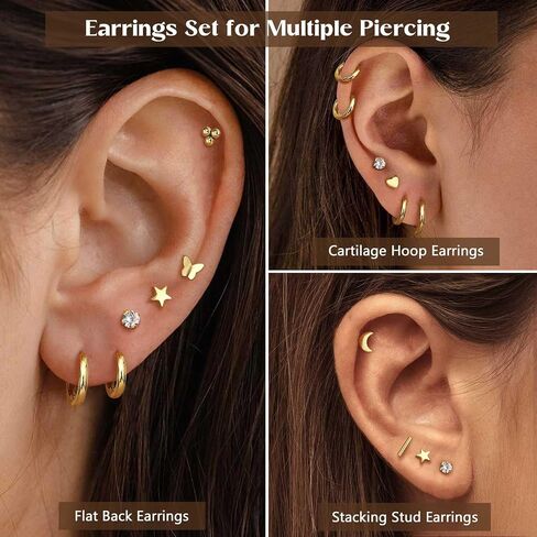Jstyle Hypoallergenic Surgical Steel Earrings for Sensitive Ears 14K Gold Flat Back Stud Earrings for Women Men Small Stainless Steel Stud Hoop Screw Back Cartilage Earring Set for Multiple Piercing in Saudi Arabia